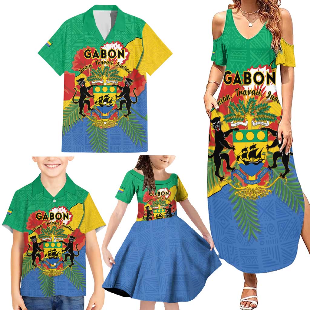 Personalised Gabon Family Matching Summer Maxi Dress and Hawaiian Shirt Coat Of Arms With African Pattern