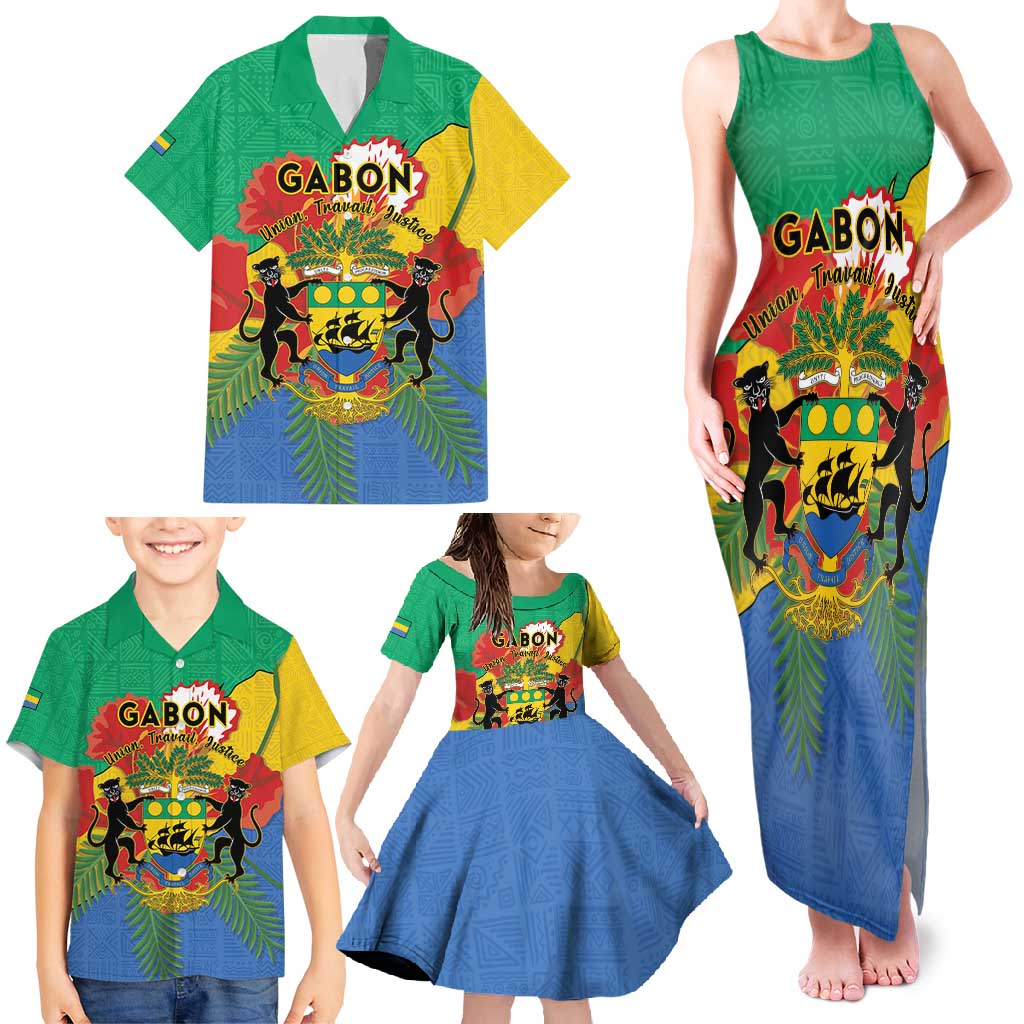 Personalised Gabon Family Matching Tank Maxi Dress and Hawaiian Shirt Coat Of Arms With African Pattern