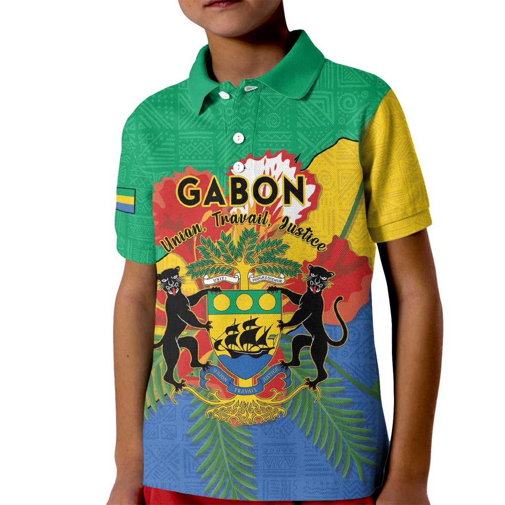 Personalised Gabon Kid Polo Shirt Coat Of Arms With African Pattern