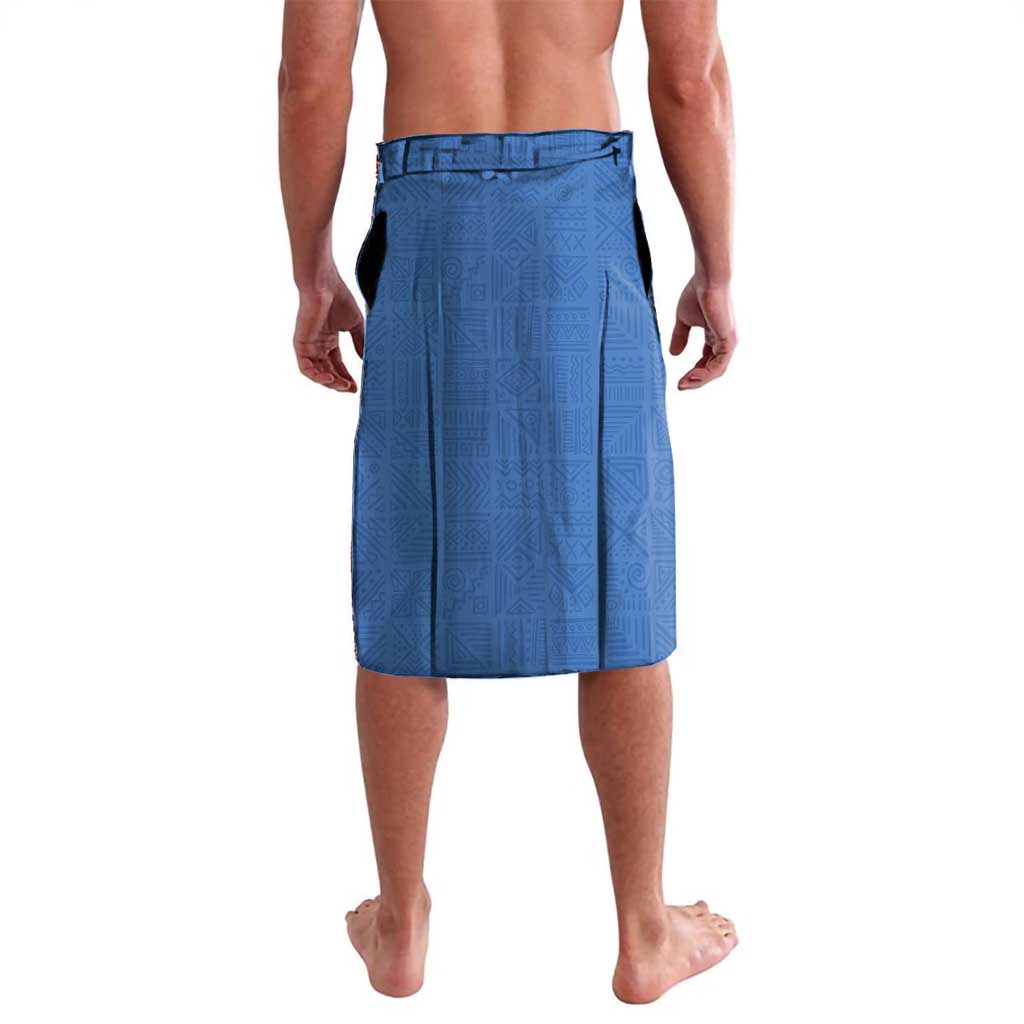 Blue lavalava wrap skirt with stitched waistband and subtle geometric pattern