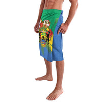 Green and blue lavalava wrap skirt with coat-of-arms lion print on front panel
