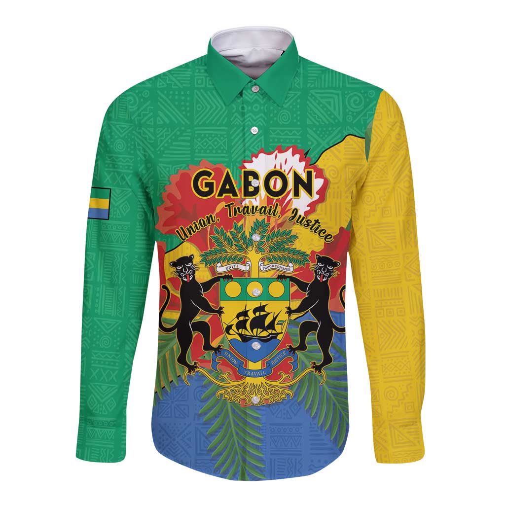 Green long-sleeve button shirt with yellow sleeves and coat-of-arms graphic, African pattern
