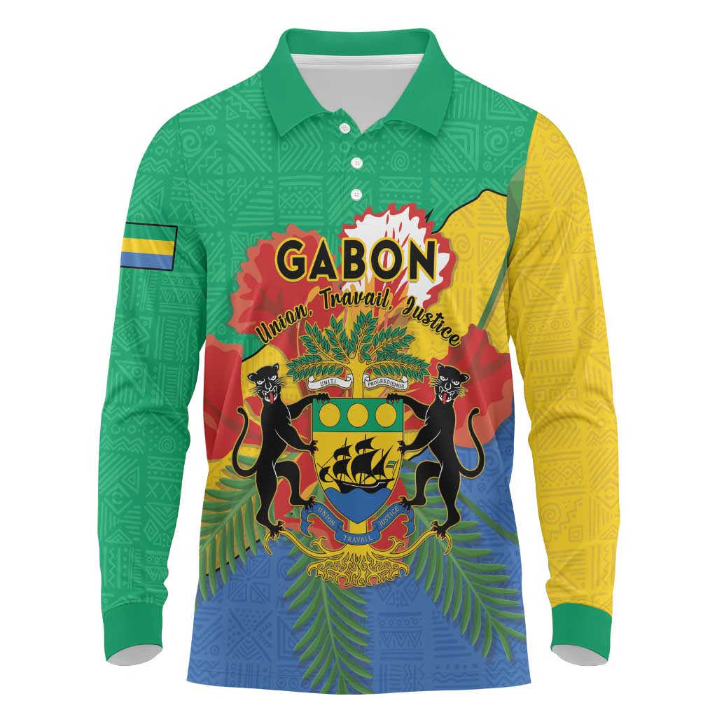 Personalised Gabon Long Sleeve Polo Shirt Coat Of Arms With African Pattern