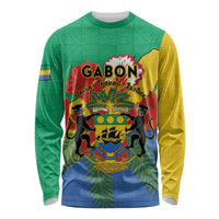 Green long-sleeve crewneck shirt with Gabon crest and African pattern graphic