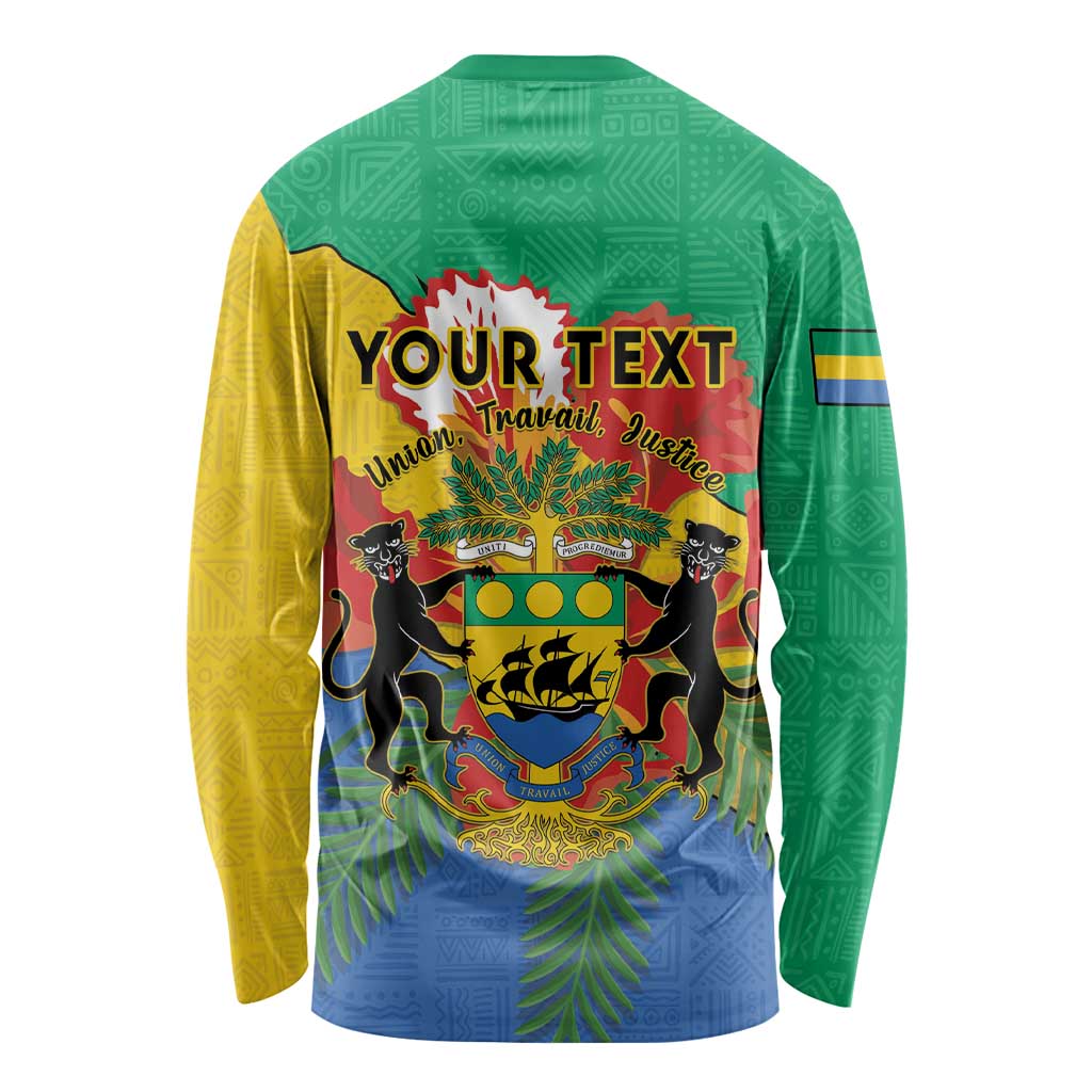Back view green long-sleeve shirt with Your text and Gabon crest graphic