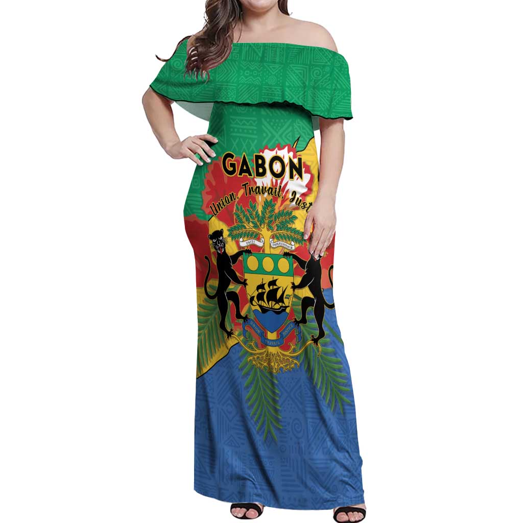 Personalised Gabon Off Shoulder Maxi Dress Coat Of Arms With African Pattern