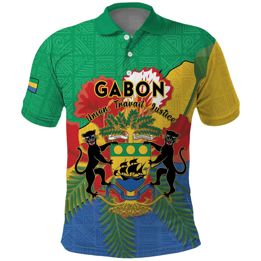 Personalised Gabon Polo Shirt Coat Of Arms With African Pattern