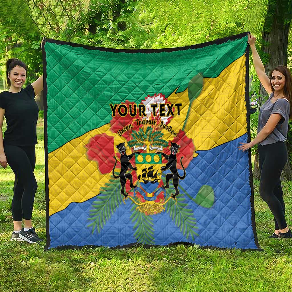 Gabon quilt blanket with quilted texture, green yellow blue panels and 'YOUR TEXT' crest.