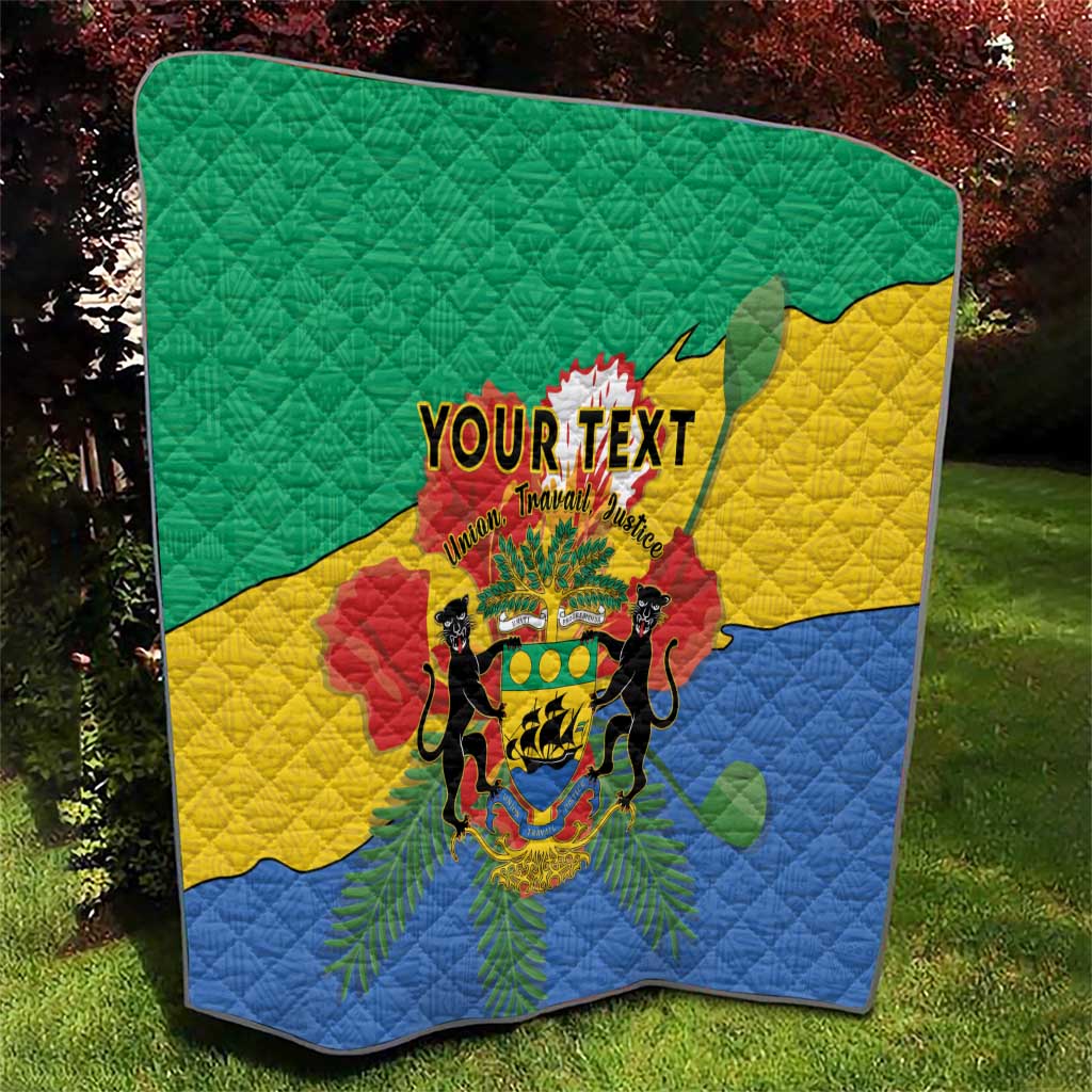 Gabon quilt blanket with dark border, coat of arms crest and 'YOUR TEXT' center.