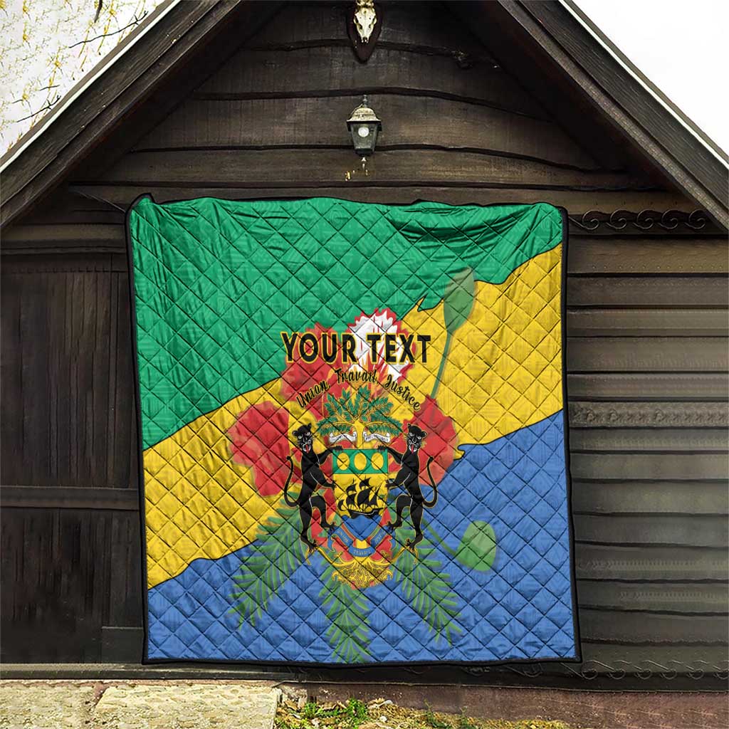 Gabon quilt blanket with quilted surface, coat of arms crest and 'YOUR TEXT' on green.