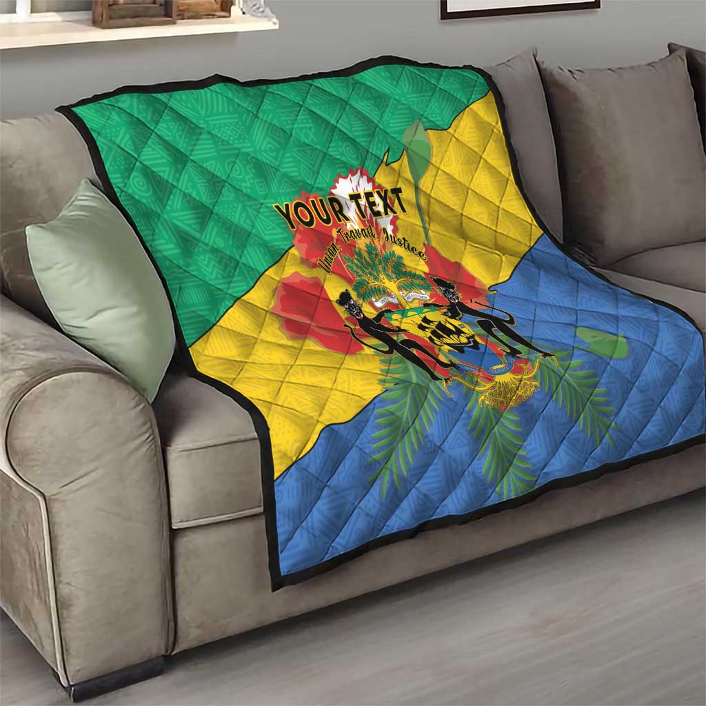 Gabon quilt blanket draped over sofa, green yellow blue panels with crest and 'YOUR TEXT'.