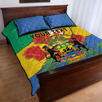 Quilt bed set with lion crest and green-yellow-red pattern, blue corner pillows