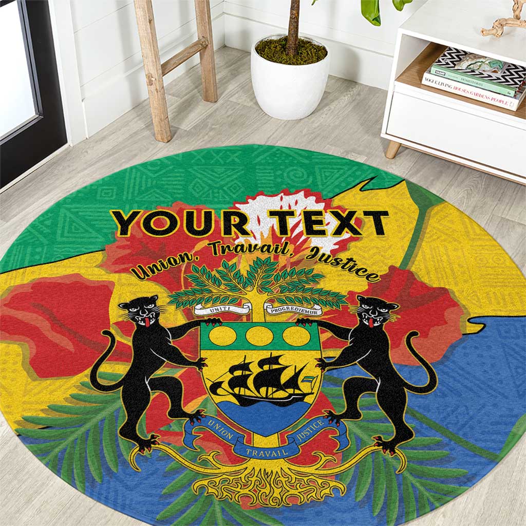 Round area rug with Gabon coat of arms, two lions, multicolor graphic on green