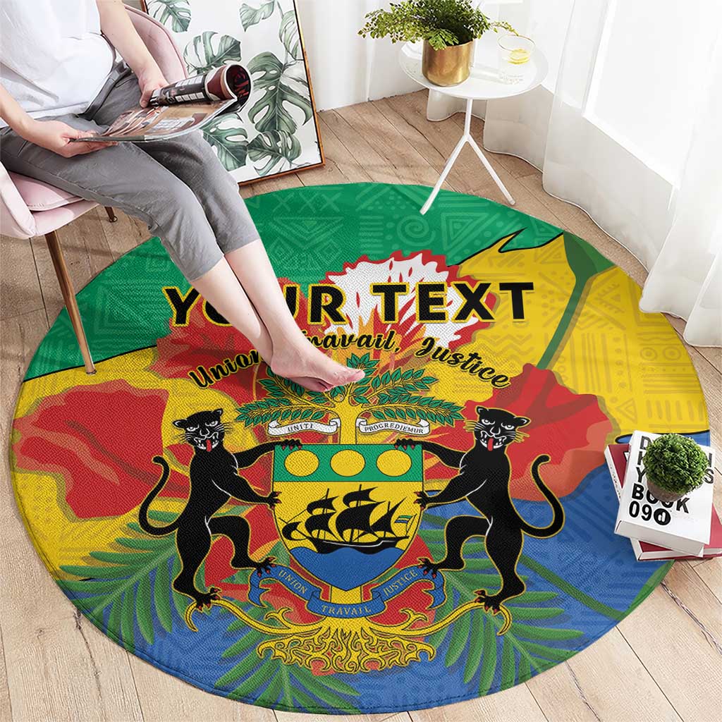 Round area rug with YOUR TEXT banner and Gabon coat of arms, two lions, green