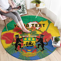Round area rug with YOUR TEXT banner and Gabon coat of arms, two lions, green