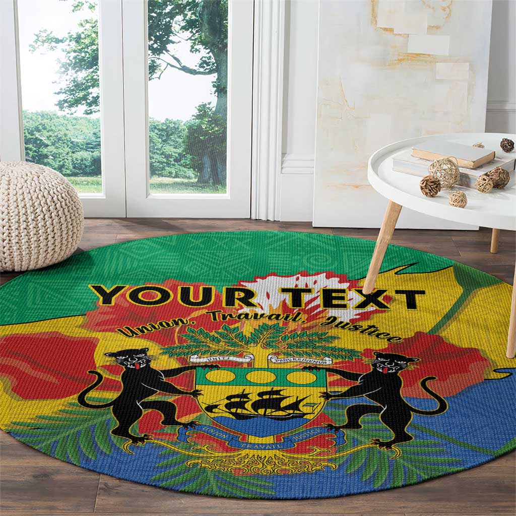 Round area rug with YOUR TEXT and Gabon coat of arms, two lions, green