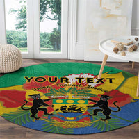 Round area rug with YOUR TEXT and Gabon coat of arms, two lions, green