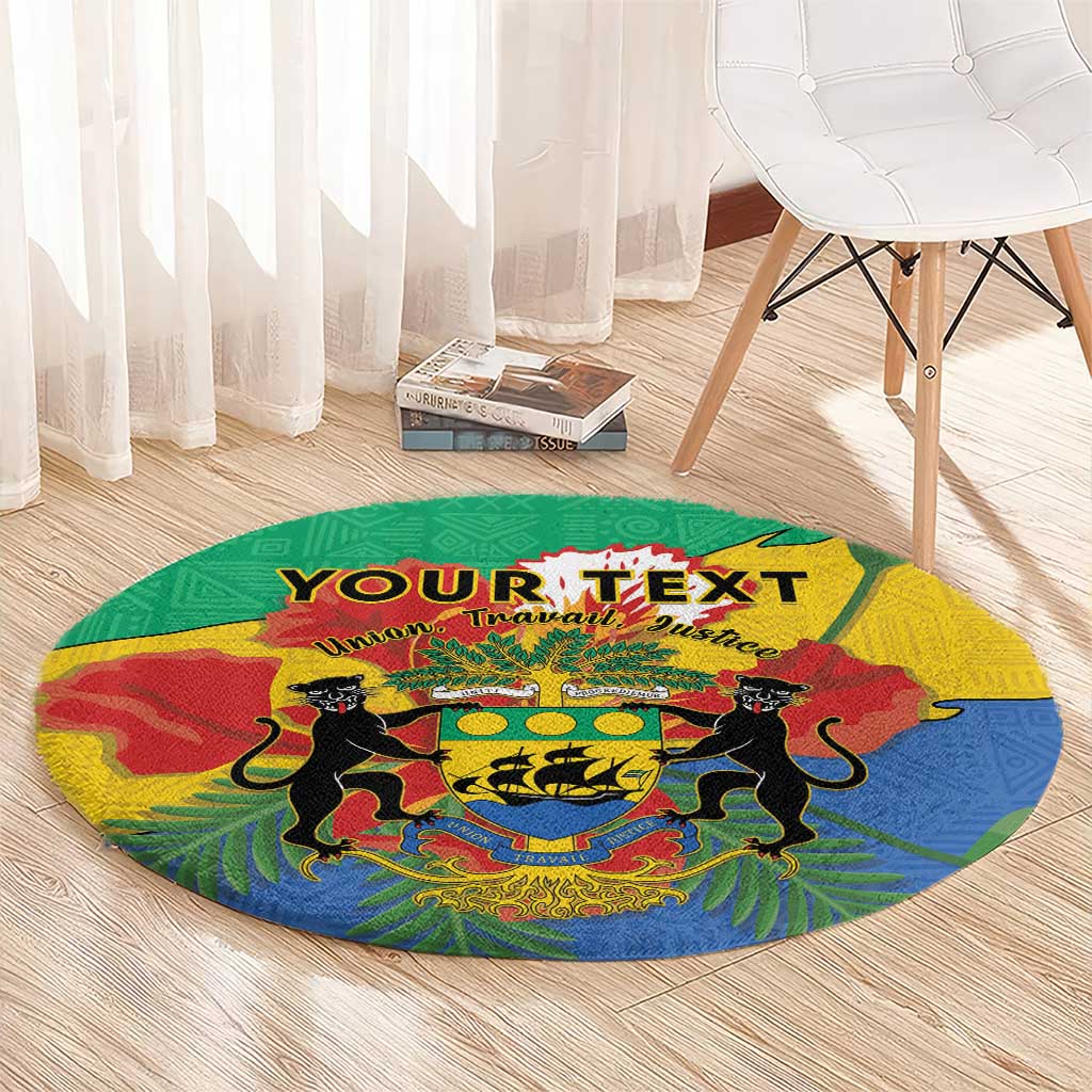 Round area rug with Gabon coat of arms, two lions, multicolor shield on green base