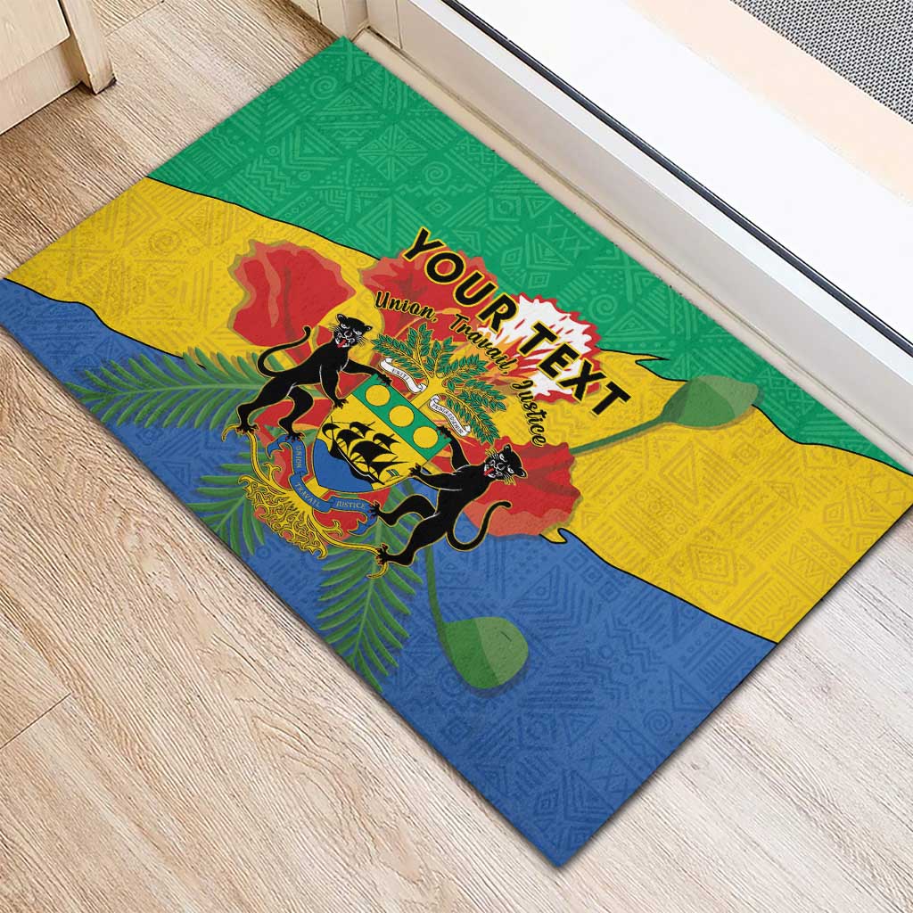 Gabon coat of arms rubber doormat with bold map artwork and “Your Text” area