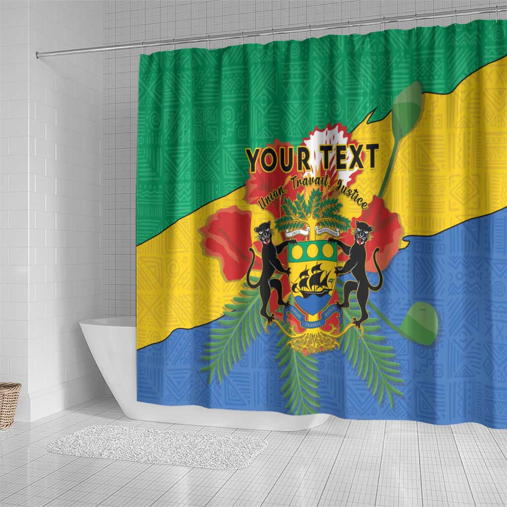 Gabon shower curtain in green yellow blue with coat of arms and palm pattern, YOUR TEXT