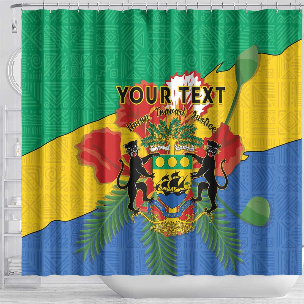Green Gabon shower curtain with bold coat of arms crest, flag colors, and YOUR TEXT