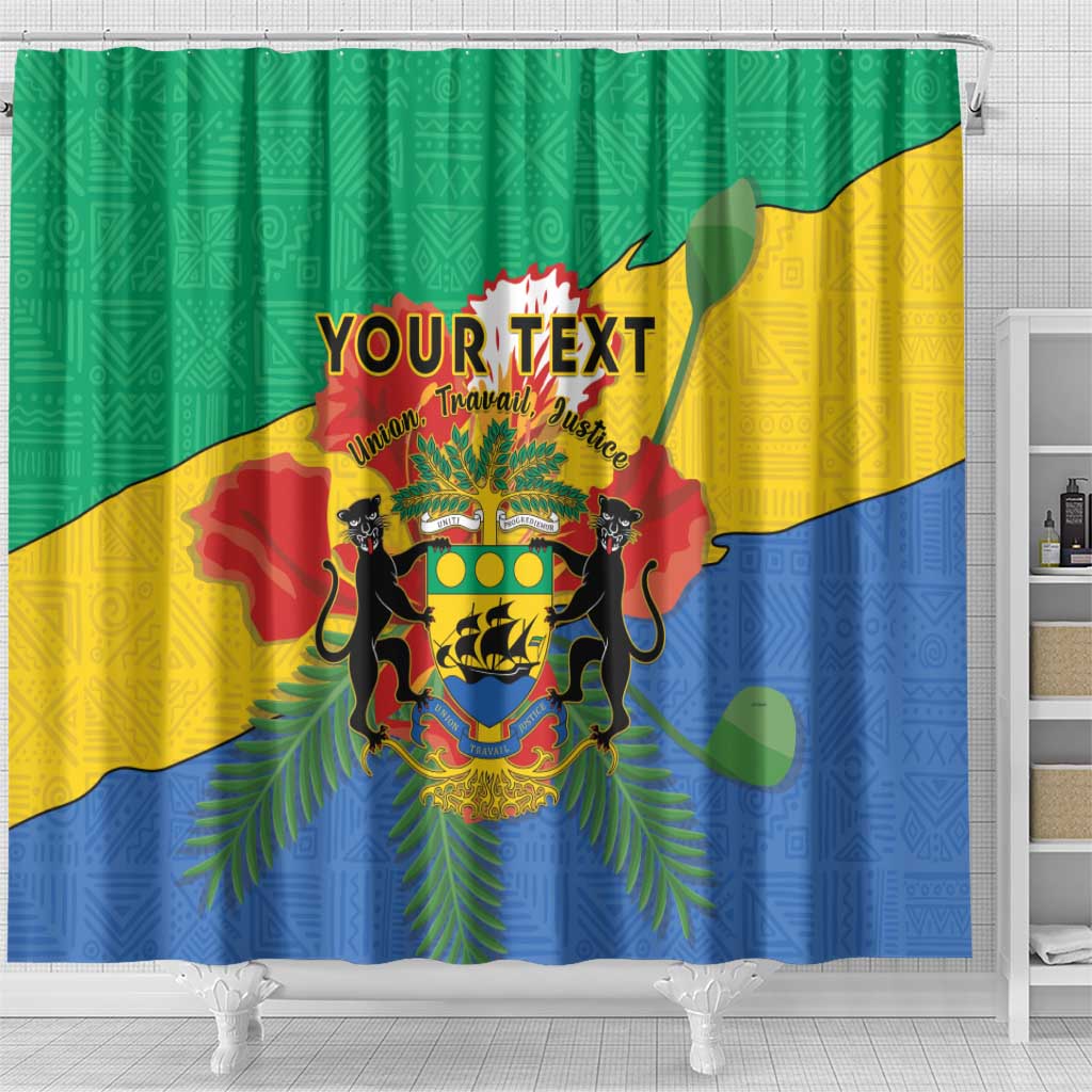 Green yellow blue Gabon shower curtain with coat of arms, palm leaves, and YOUR TEXT