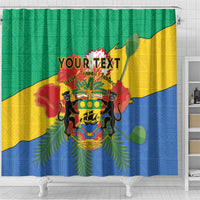 Green yellow blue Gabon shower curtain with coat of arms, palm leaves, and YOUR TEXT