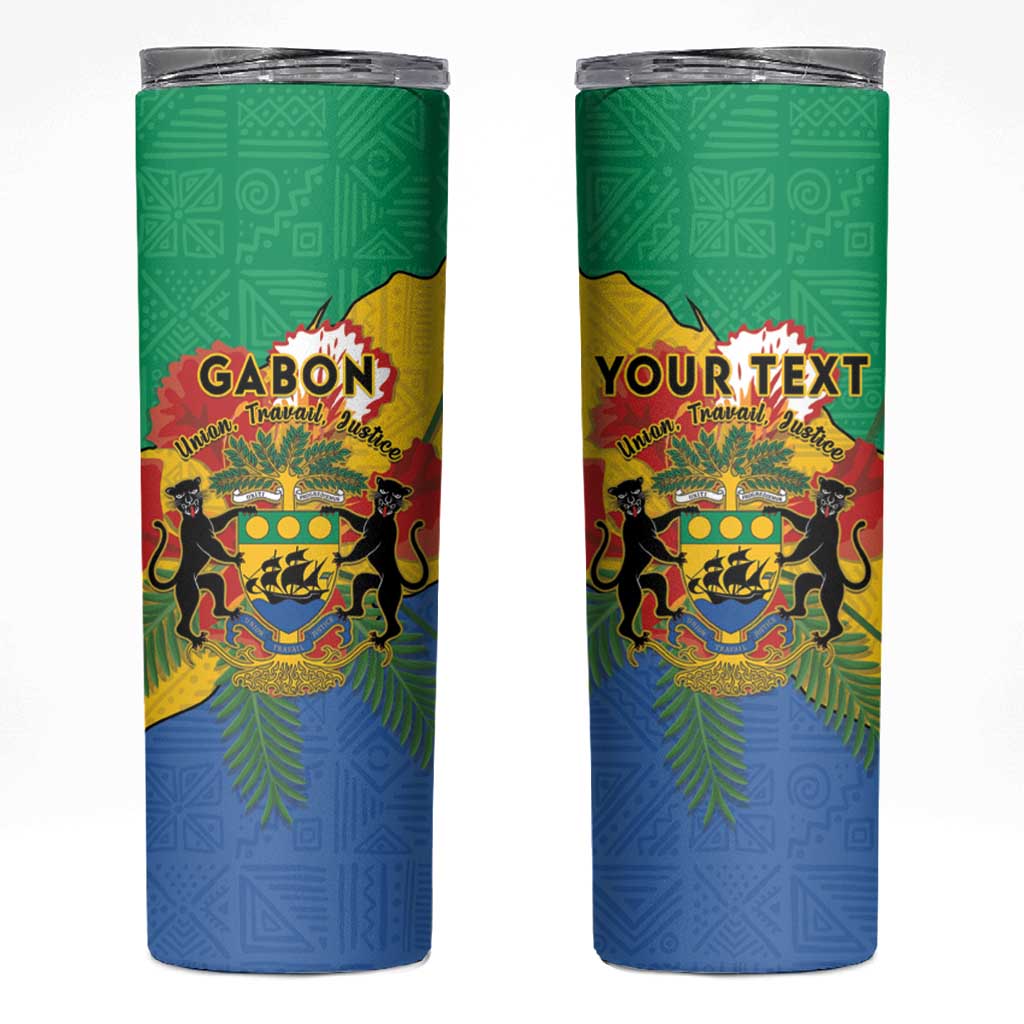 Personalised Gabon Skinny Tumbler Coat Of Arms With African Pattern - Wonder Print Shop