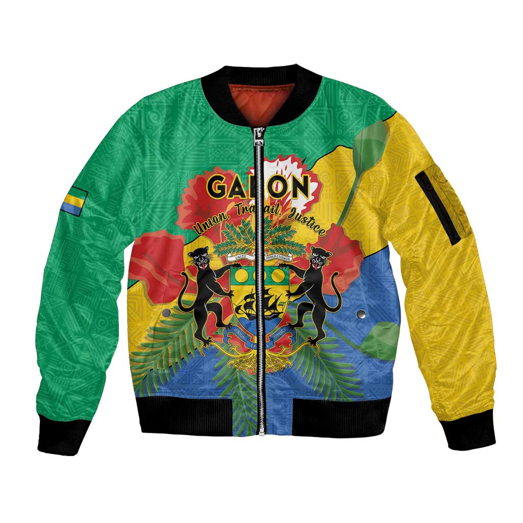 Personalised Gabon Sleeve Zip Bomber Jacket Coat Of Arms With African Pattern - Wonder Print Shop