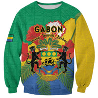 Green unisex sweatshirt with Gabon crest graphic and African pattern, yellow sleeves
