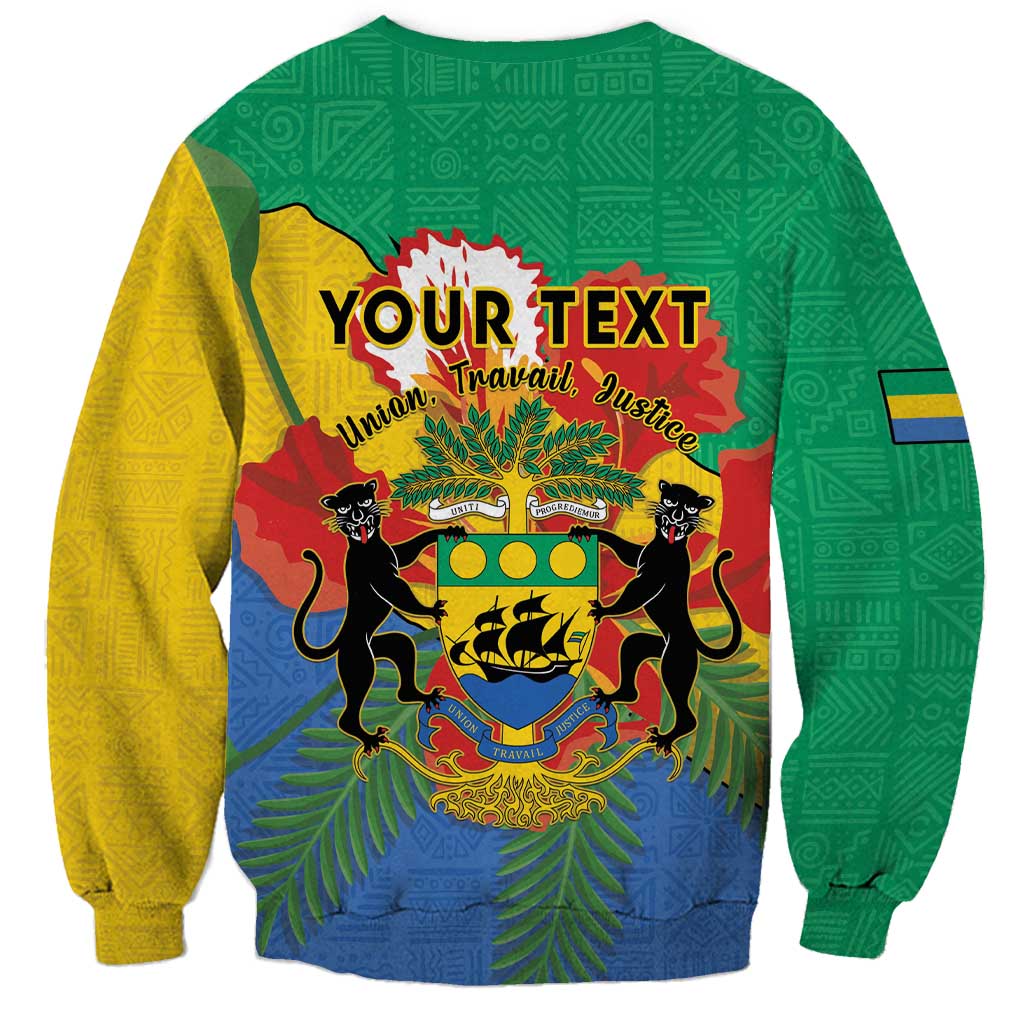 Green unisex sweatshirt with customizable "YOUR TEXT" and Gabon crest, African pattern