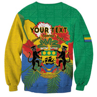 Green unisex sweatshirt with customizable "YOUR TEXT" and Gabon crest, African pattern