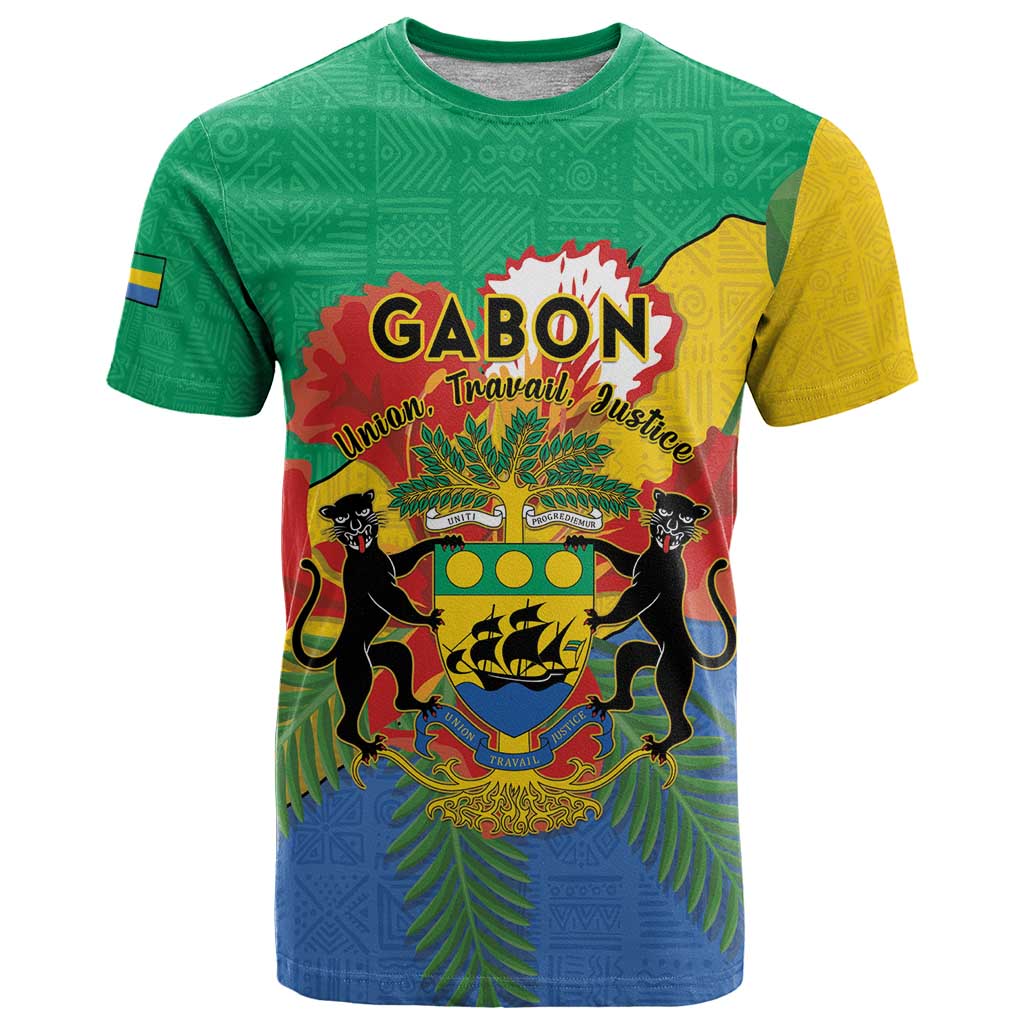 Personalised Gabon T Shirt Coat Of Arms With African Pattern - Wonder Print Shop