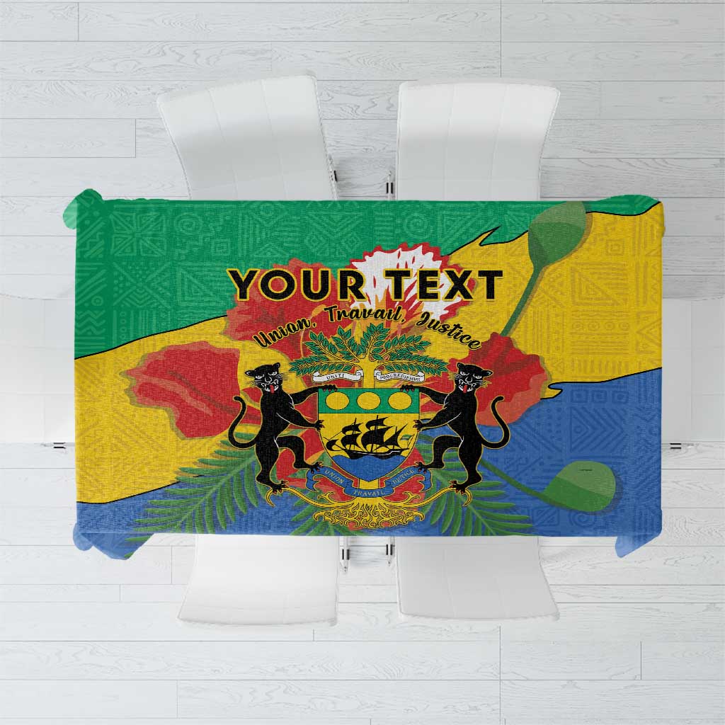 Gabon coat-of-arms tablecloth with African patterned border in blue, green, and yellow