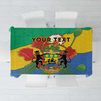 Gabon coat-of-arms tablecloth with African patterned border in blue, green, and yellow