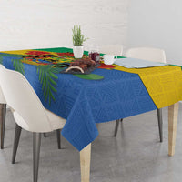 Gabon coat-of-arms tablecloth with palm leaf and African motifs in blue with green accents