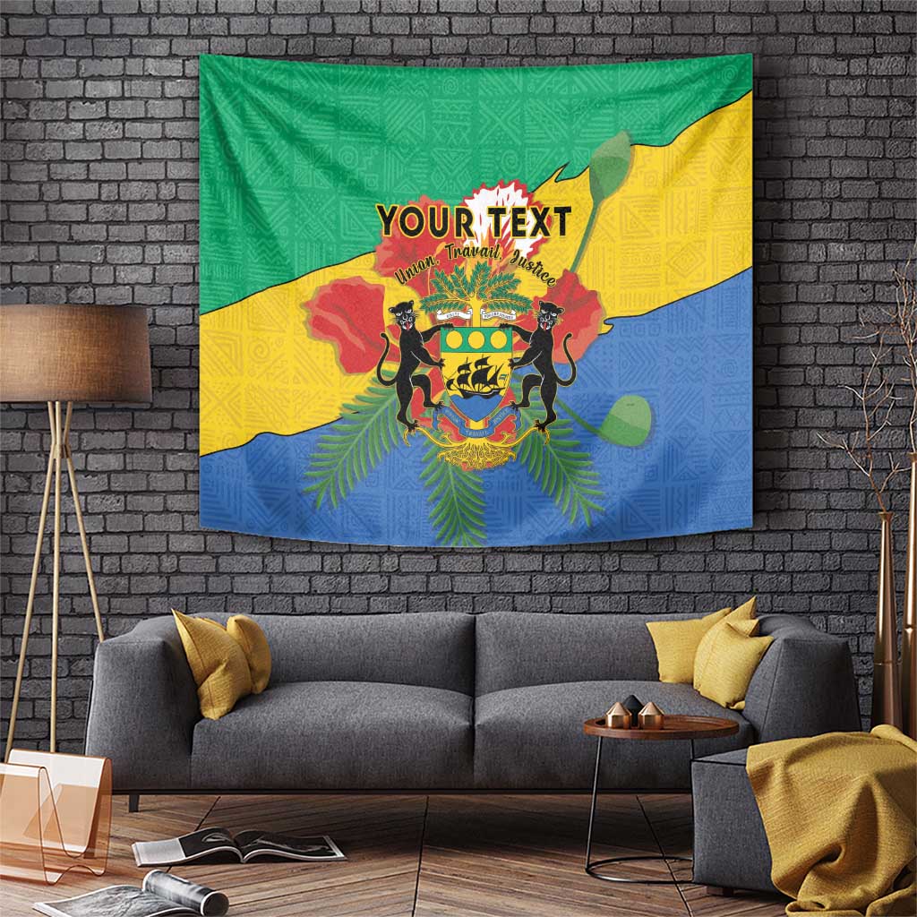 Green, yellow and blue coat of arms tapestry with decorative African pattern and text
