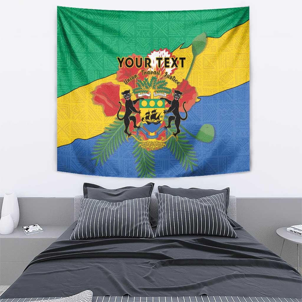 Green, yellow and blue coat of arms tapestry with African pattern and centered 'YOUR TEXT'