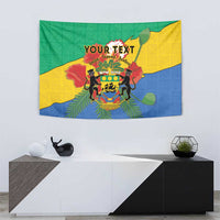 Green, yellow and blue coat of arms tapestry featuring crest with fern-like leaves