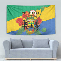 Green, yellow and blue wall tapestry with coat of arms crest and 'YOUR TEXT' lettering