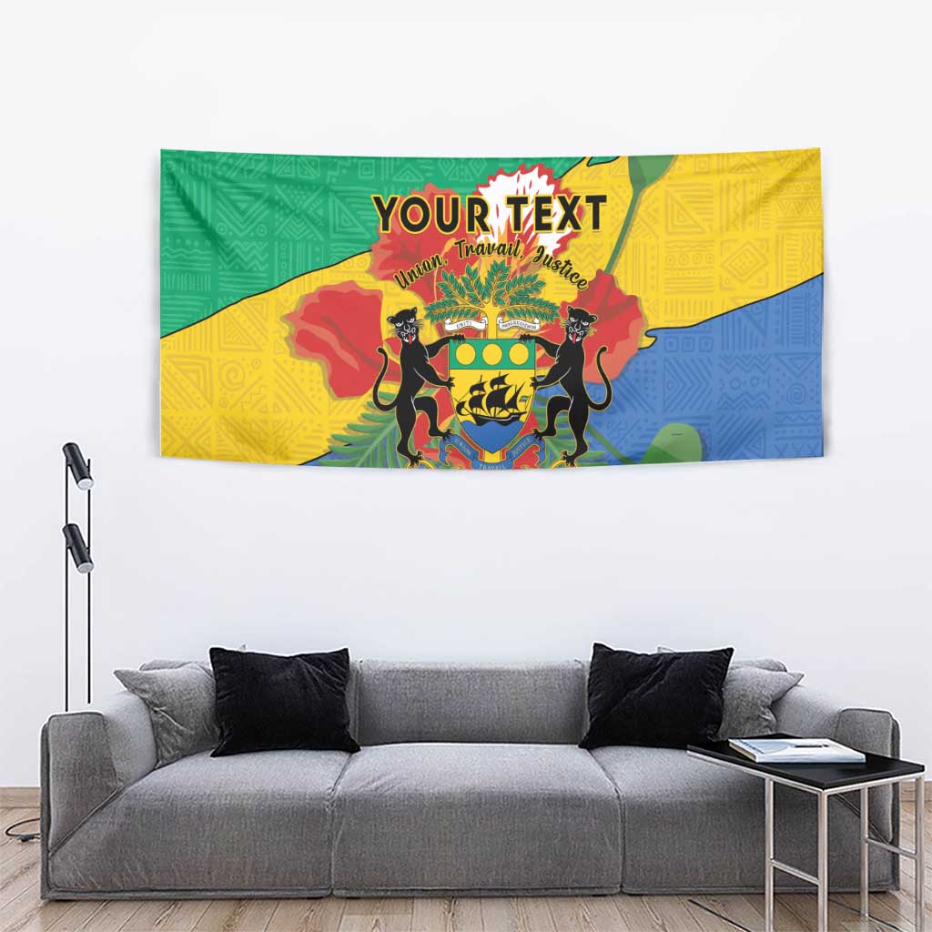 Green, yellow and blue coat of arms tapestry with African motif and 'YOUR TEXT' heading