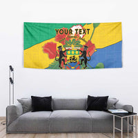 Green, yellow and blue coat of arms tapestry with African motif and 'YOUR TEXT' heading