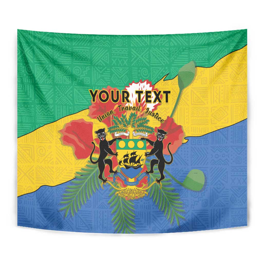 Green, yellow and blue tapestry close-up of coat of arms crest, fern fronds, and 'YOUR TEXT'