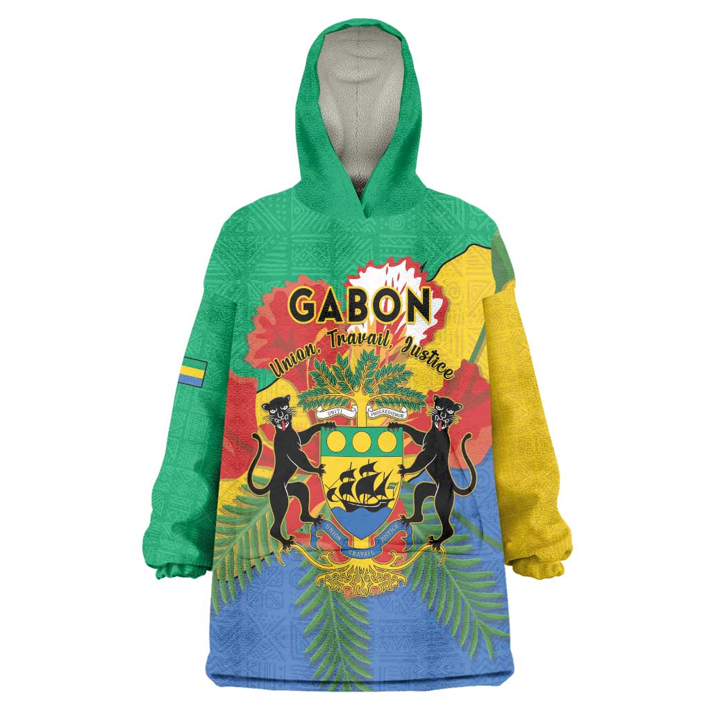 Personalised Gabon Wearable Blanket Hoodie Coat Of Arms With African Pattern - Wonder Print Shop