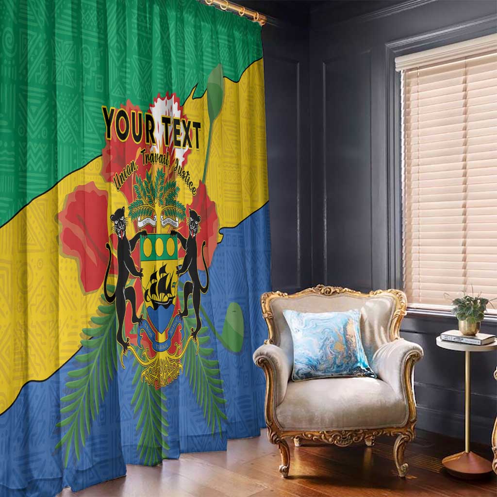 Personalized window curtains with Gabon coat of arms, green and yellow panels, blue base