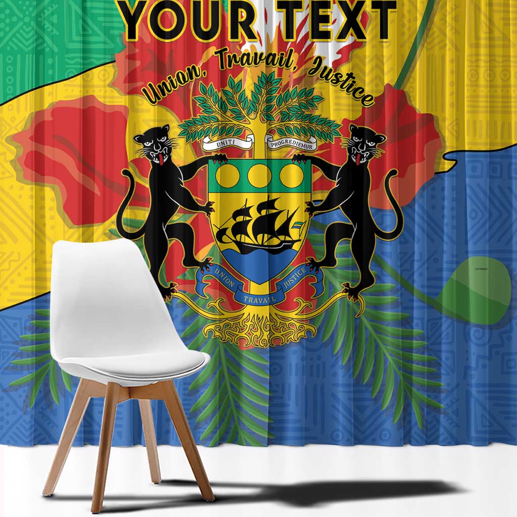 Personalized window curtain close-up with Gabon coat of arms graphic and “YOUR TEXT”