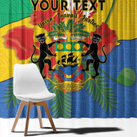 Personalized window curtain close-up with Gabon coat of arms graphic and “YOUR TEXT”