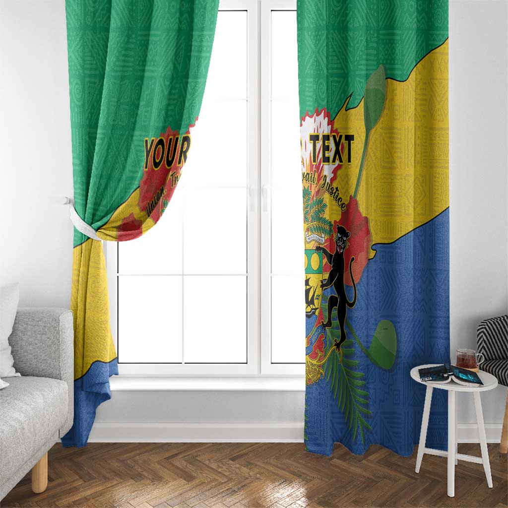 Pair of personalized window curtains with Gabon coat of arms, green, yellow, and blue design