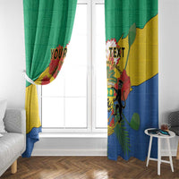Pair of personalized window curtains with Gabon coat of arms, green, yellow, and blue design