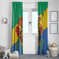 Personalized window curtains featuring Gabon coat of arms across green, yellow, and blue
